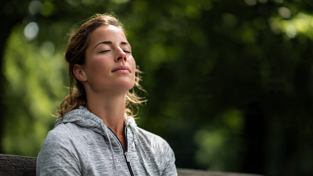 Woman resting peacefully outdoors after exercise, reflecting the mental health and mood benefits of regular physical activity