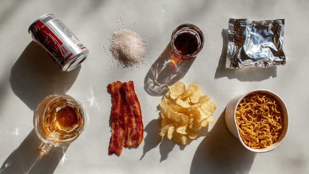Everyday foods that weaken bones including salt, cola, alcohol, bacon, chips, and instant noodles