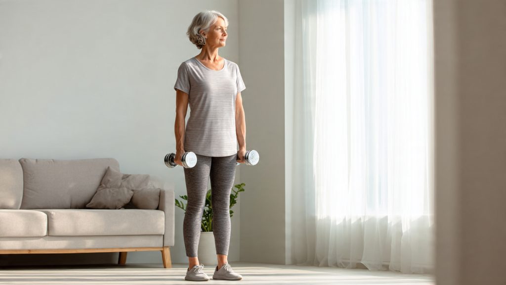 Woman performing dumbbell resistance training as part of osteoporosis prevention exercises at home