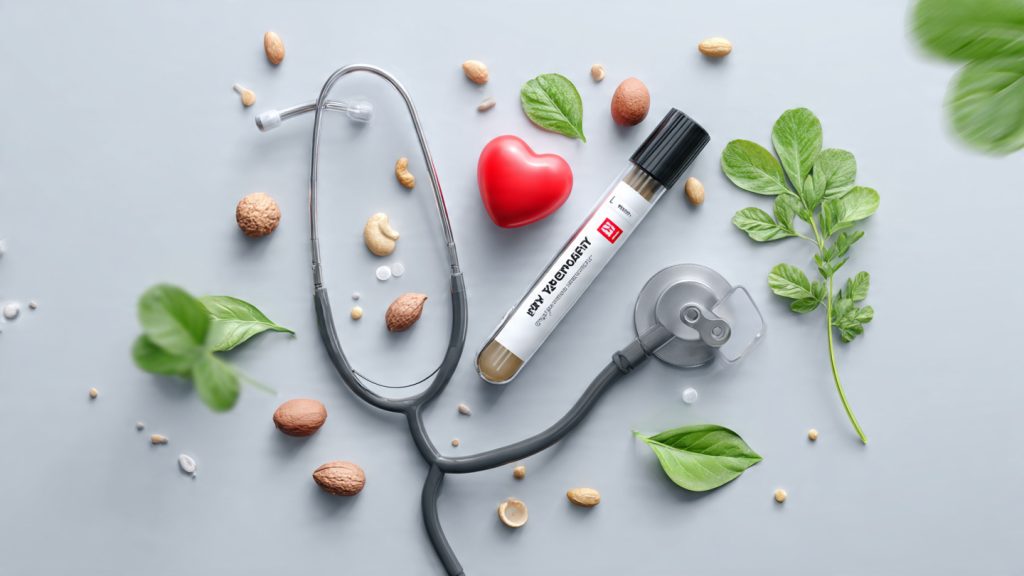 Blood test tube and stethoscope representing a lipid profile test used to diagnose dyslipidemia