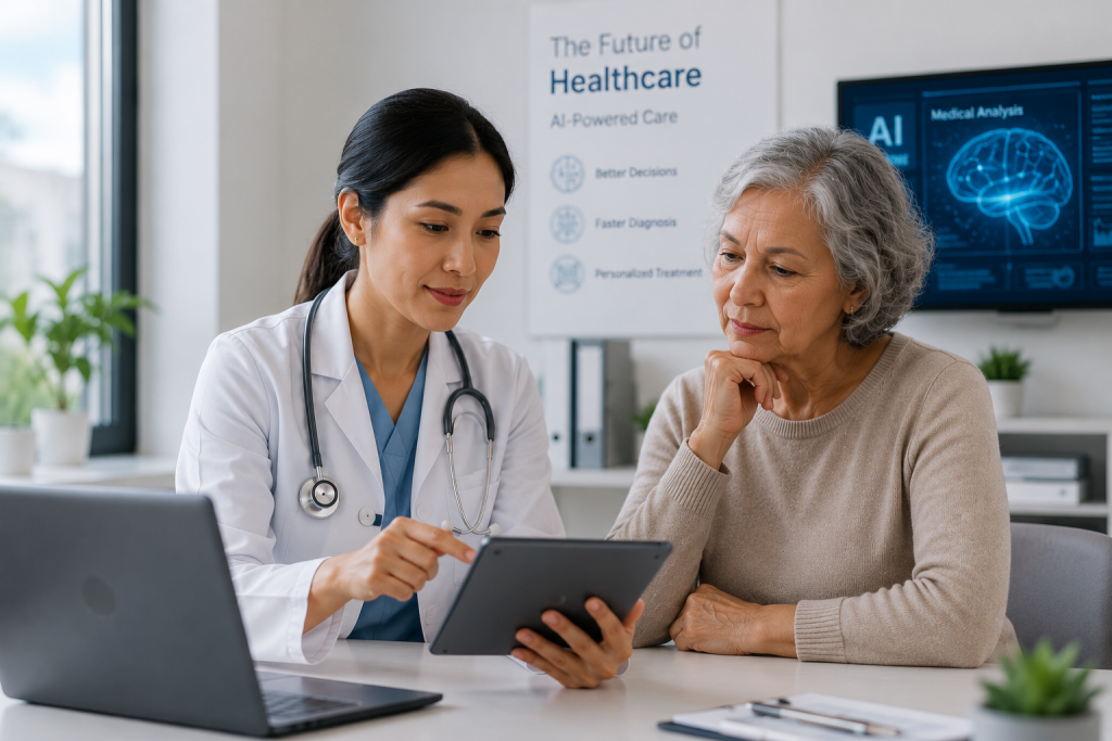 Doctor explaining AI-powered healthcare technology to an elderly patient during a consultation using a digital tablet in a modern medical office.