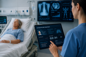 Healthcare professional using an AI-powered patient monitoring system in a hospital room while reviewing clinical insights for patient care.