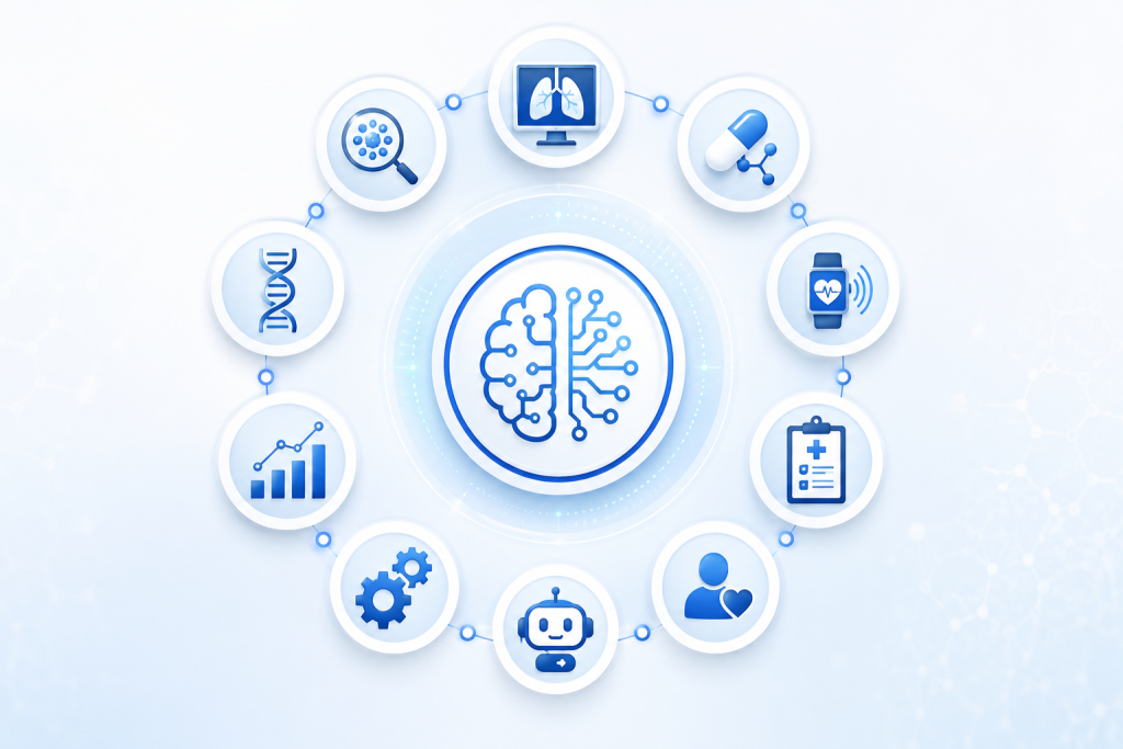 Healthcare AI illustration showing a central artificial intelligence icon surrounded by medical technology icons representing diagnostics, medical imaging, personalized medicine, patient monitoring, analytics, and healthcare automation.